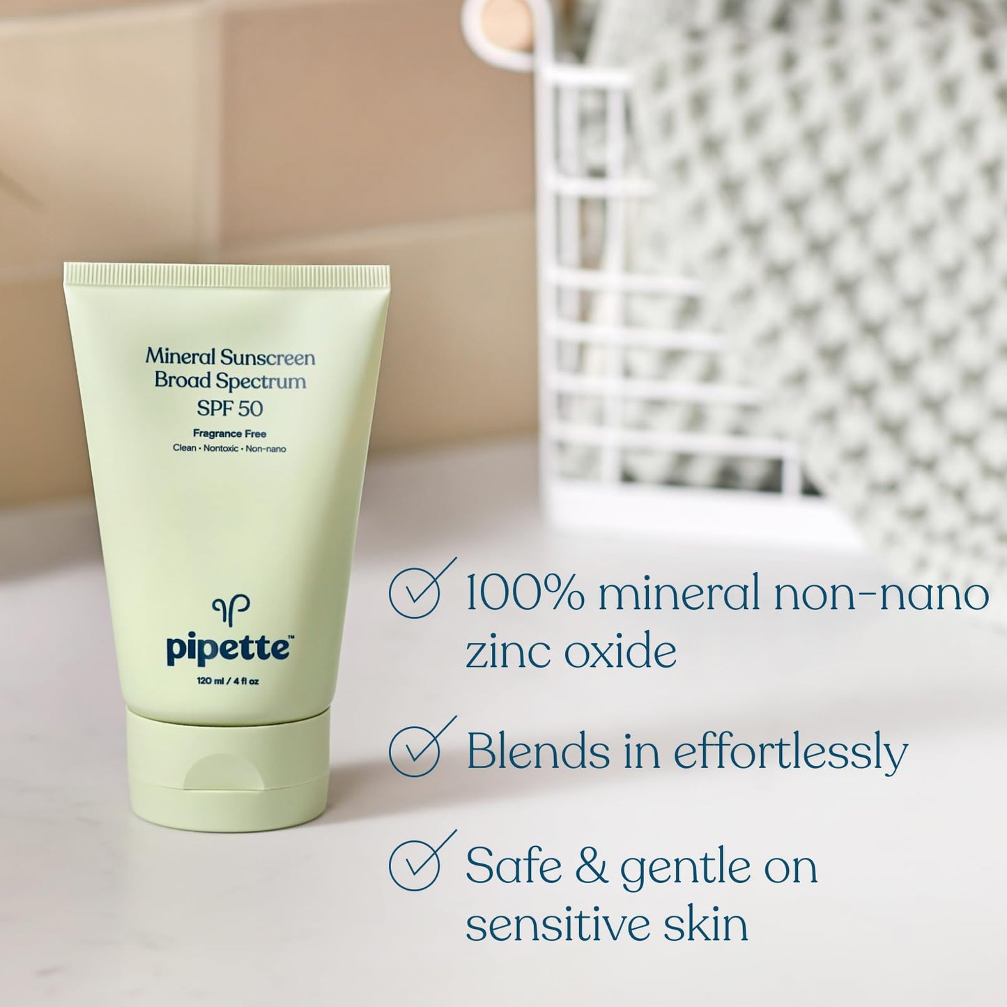 Pipette Mineral Sunscreen SPF 50 for Baby & Kids - Broad Spectrum Non-Nano Zinc Sunblock, Gentle UVB/UVA Protection for Sensitive Skin, 4 fl oz