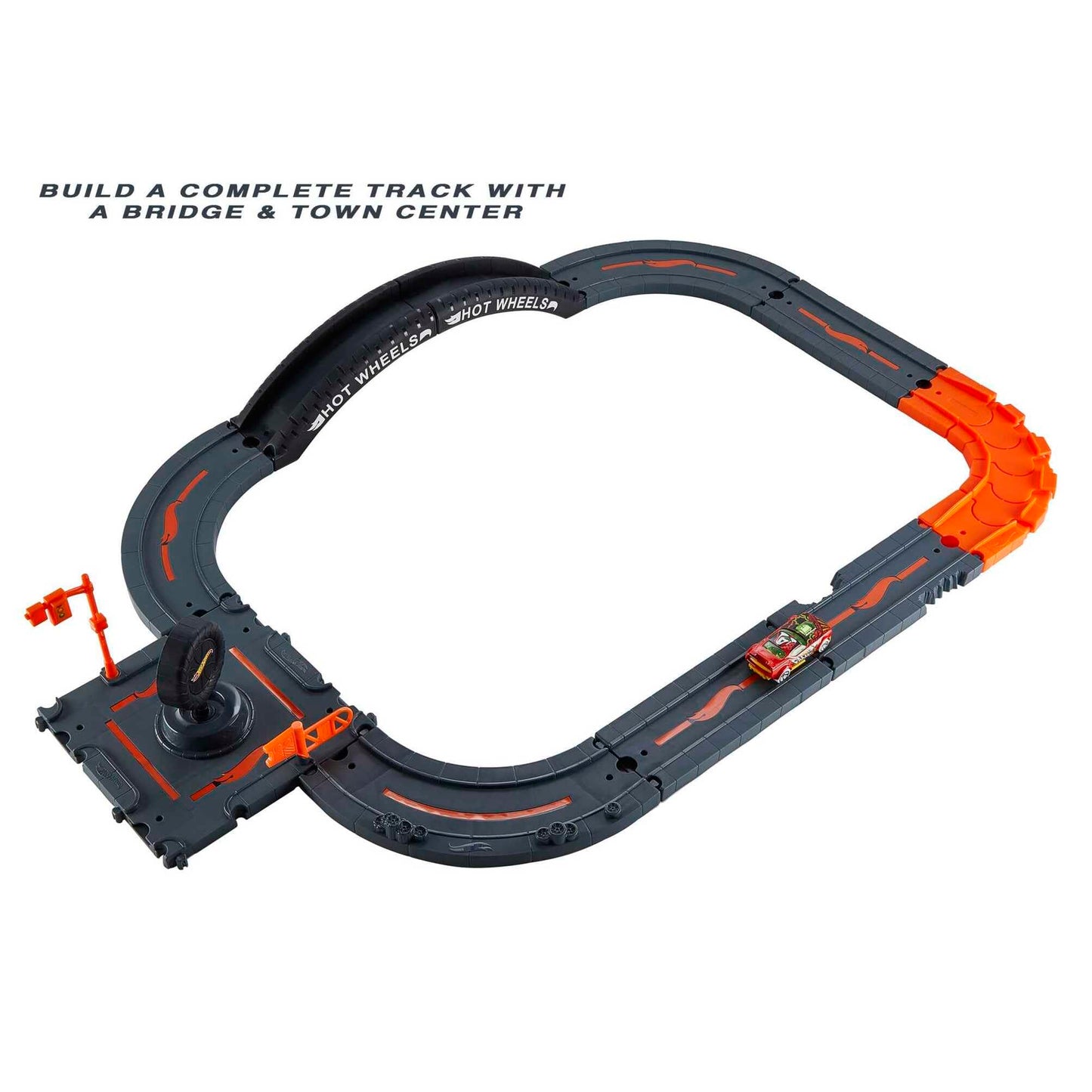 Hot Wheels Toy Car Track Set Pack, 10 Track-Building Parts with City Square, Bridge & 1:64 Scale Vehicle, Connects to Other Tracks