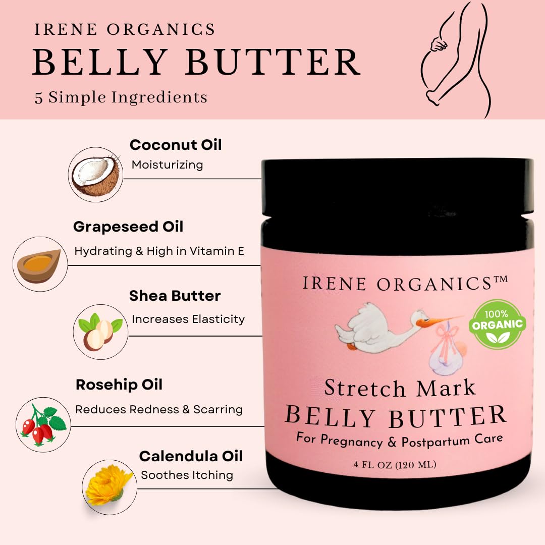 Irene Organics Organic Belly Butter 4oz – Hydrating Pregnancy & Postpartum Cream for Stretch Mark Prevention & Treatment