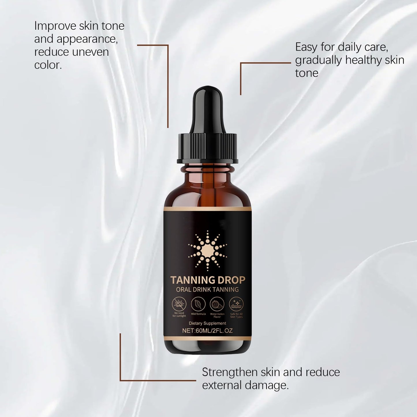 Sunless Tanning Drops 2 Fl Oz – Drinkable Bronzer for Face & Body, Long-Lasting Tan, Enhances Natural Skin Tone, All Skin Types