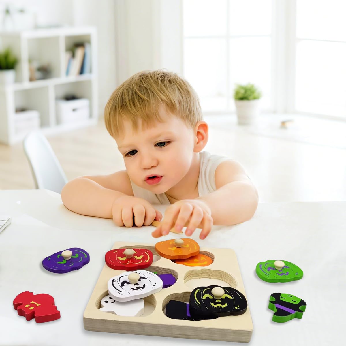 OCBTOW Halloween Pumpkin Wooden Pegged Puzzles Montessori Toys for Toddlers Kids Boys Girls Halloween Party Favors Treat Bags Gifts