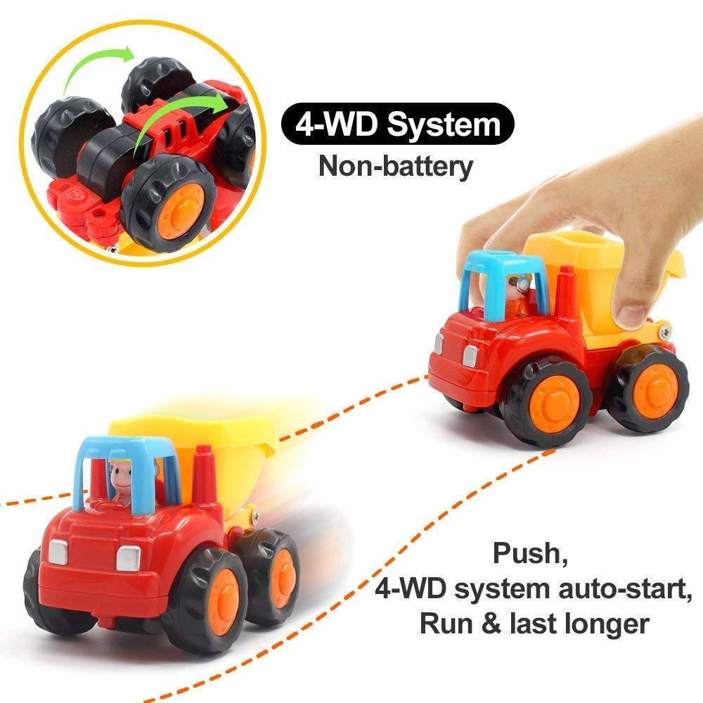Friction Powered Cars Push & Go Construction Vehicle Toy Set with Tractor, Bulldozer, Dump Truck & Cement Mixer for Toddlers & Boys Gifts