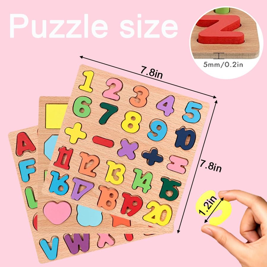 Wooden Puzzles for Toddlers – 3-Pack Alphabet & Number Shape Puzzles, Montessori Learning Toy for Kids Ages 3, Boys & Girls