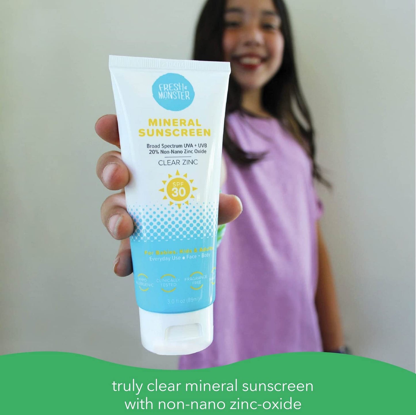 Fresh Monster Daily Kids Sunscreen SPF 30 – Clear Mineral Zinc Oxide, Face & Body, Reef Safe, Hypoallergenic, UVA/UVB Protection