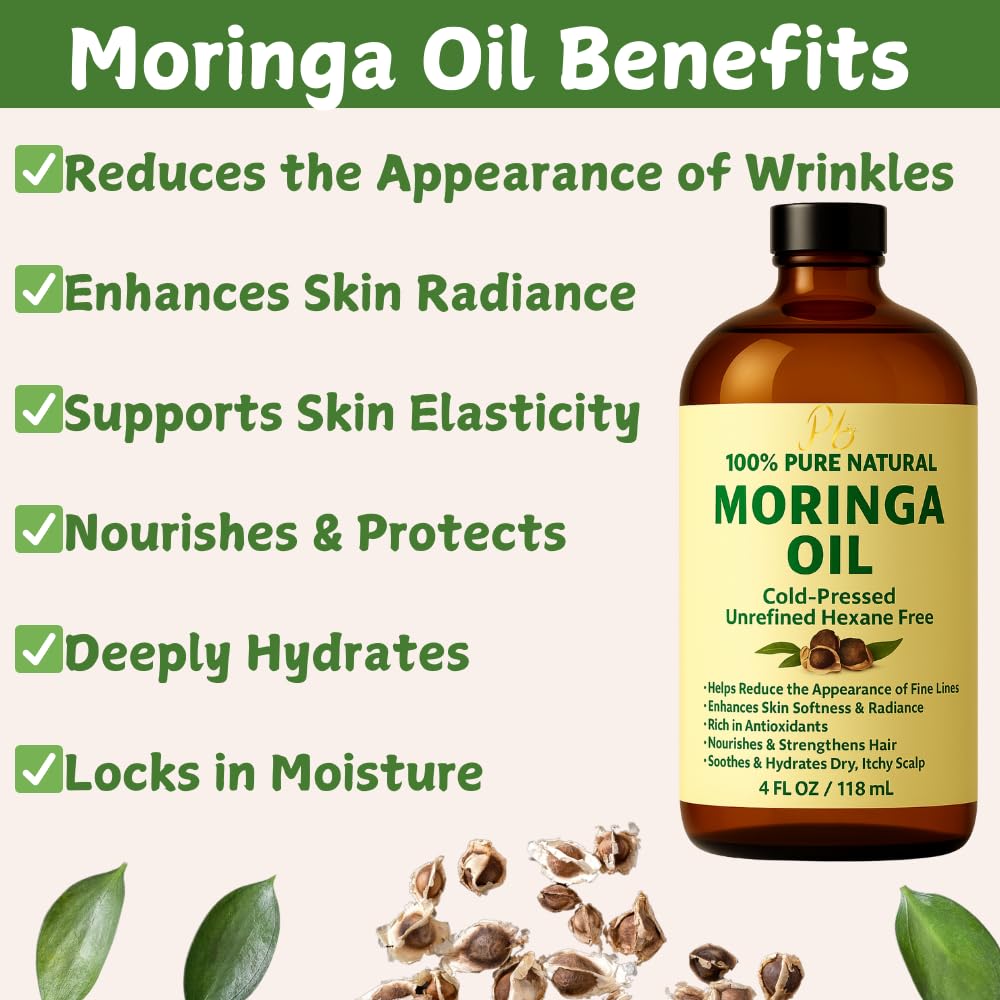 Moringa Oil 100% Pure, Cold-Pressed & Unrefined – Face, Skin, Hair & Body Moisturizer, Hydrating & Anti-Aging – 4 fl oz Amber Bottle