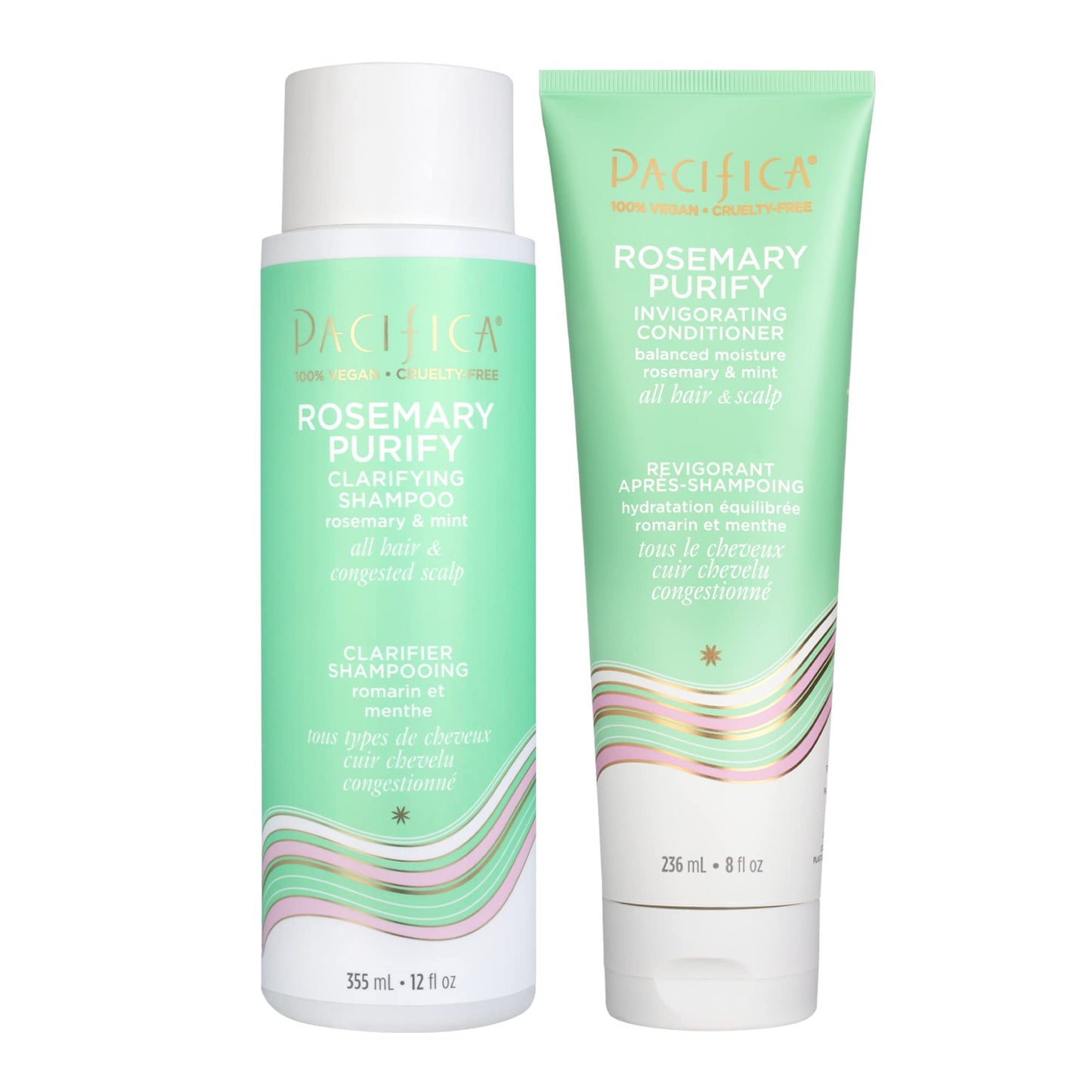 Pacifica Rosemary Purify Shampoo & Conditioner Set – Invigorating Mint Formula for Clarifying & Detox, Sulfate-Free, Vegan, 12oz & 8oz (2 Pc)