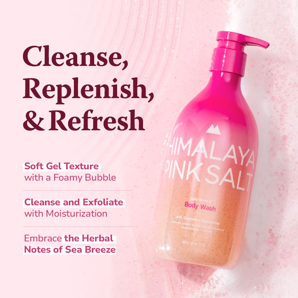 HIMALAYA Pink Salt Daily Scrub & Body Wash – Exfoliating Dead Sea & Himalayan Salt, Retinol & Hyaluronic Acid Moisturizing Shower Gel, 21.1oz