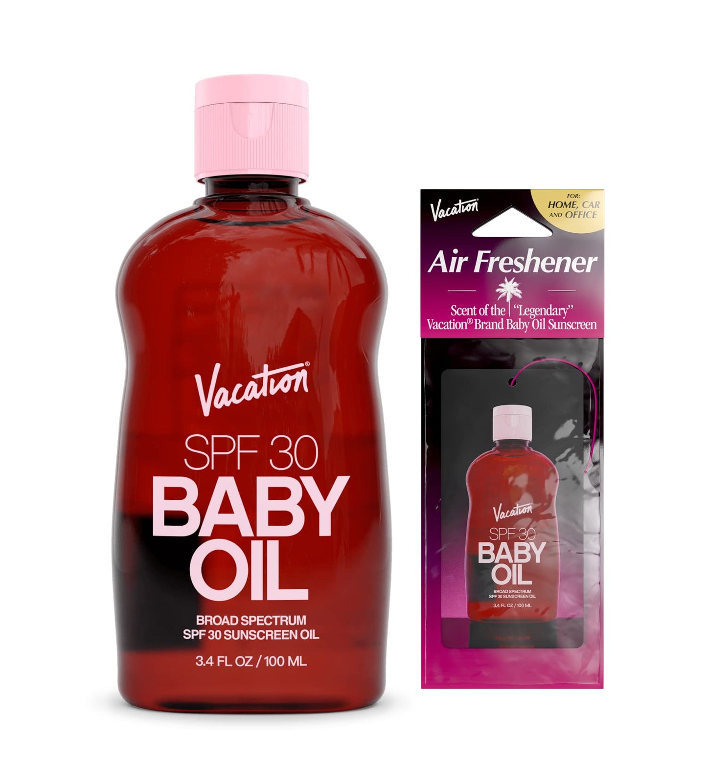 Vacation Baby Oil SPF 30 & Air Freshener Bundle – Hydrating, Mineral-Oil Free, Lightweight Sunscreen for All Skin Tones, Travel Size 3.4 oz