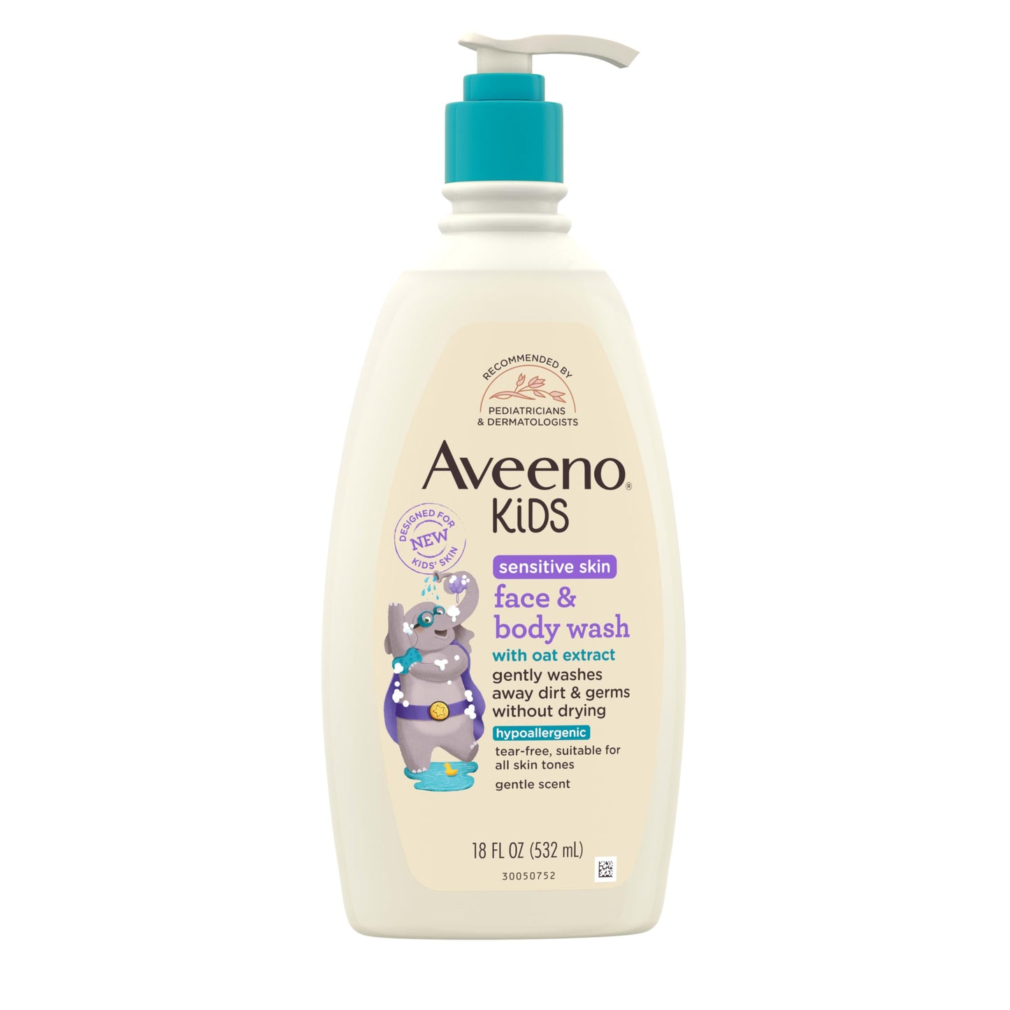 Aveeno Kids Sensitive Skin Face & Body Wash, Oat Extract, Tear-Free, Non-Drying, Hypoallergenic, Gentle Pump, 18 fl oz