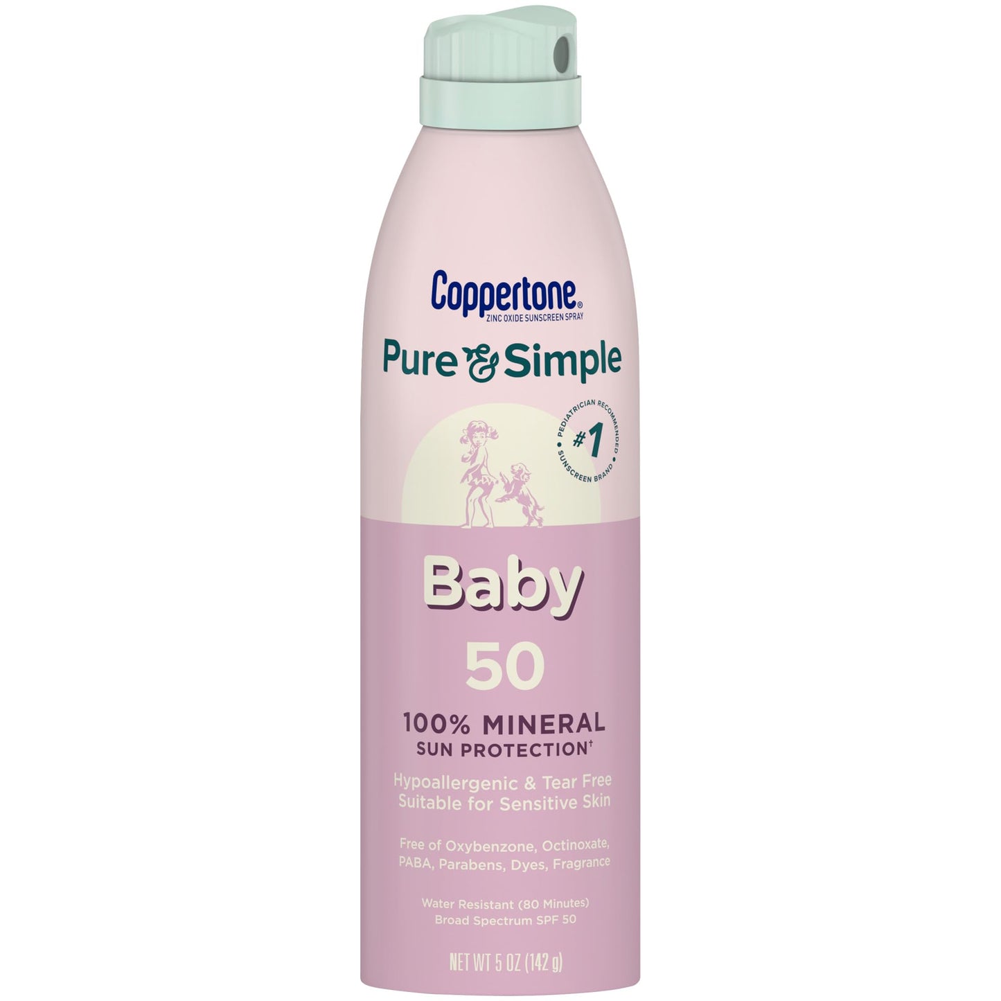 Coppertone Pure & Simple Baby Mineral SPF 50 Spray Sunscreen, Zinc Oxide Mineral Sunscreen, Hypoallergenic, UVA UVB protection, 5 oz