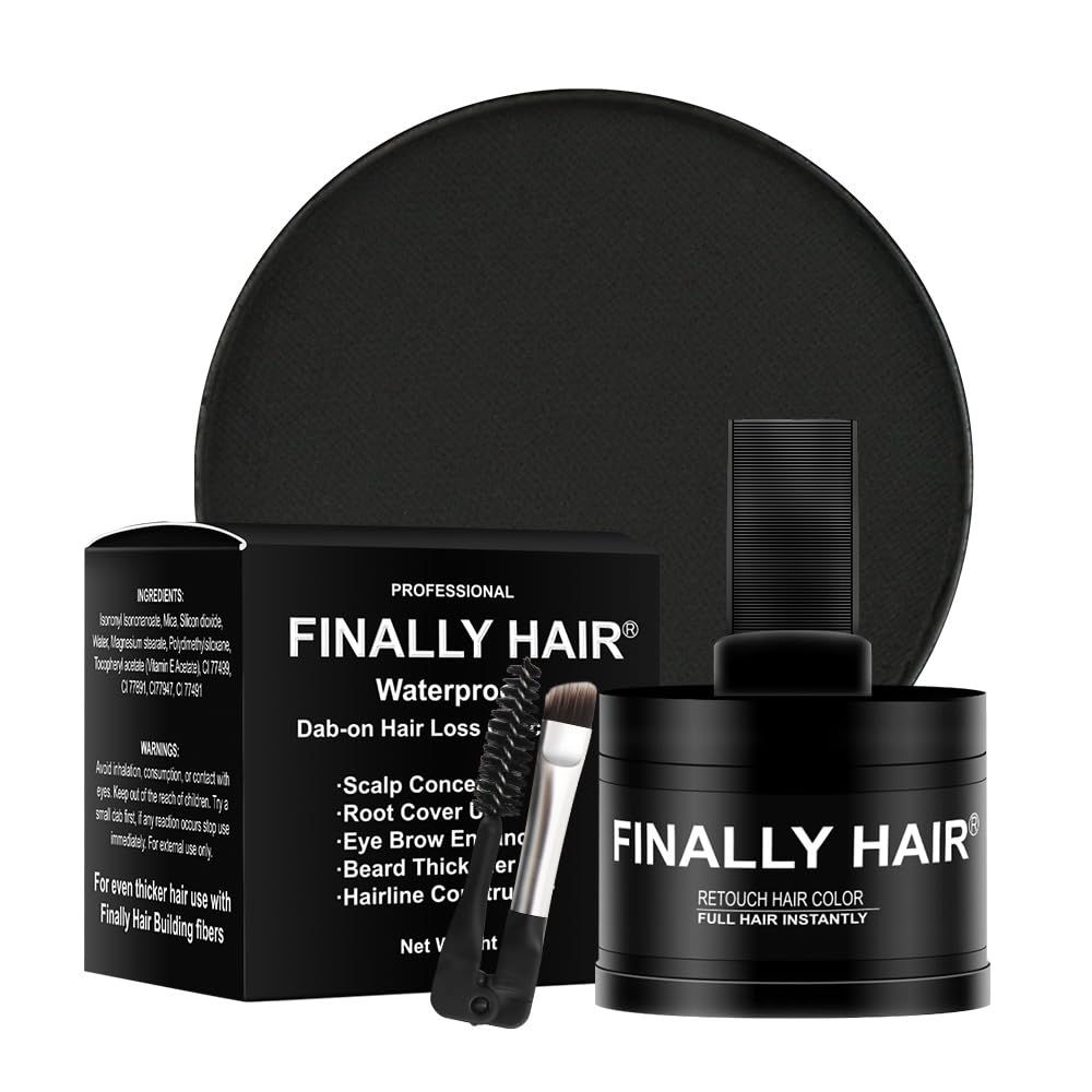 Finally Hair Fiber Concealer - Waterproof Black Hair Loss Solution, Hairline Creator, Eyebrow Enhancer & Beard Filler with Dab-on Shadow Powder