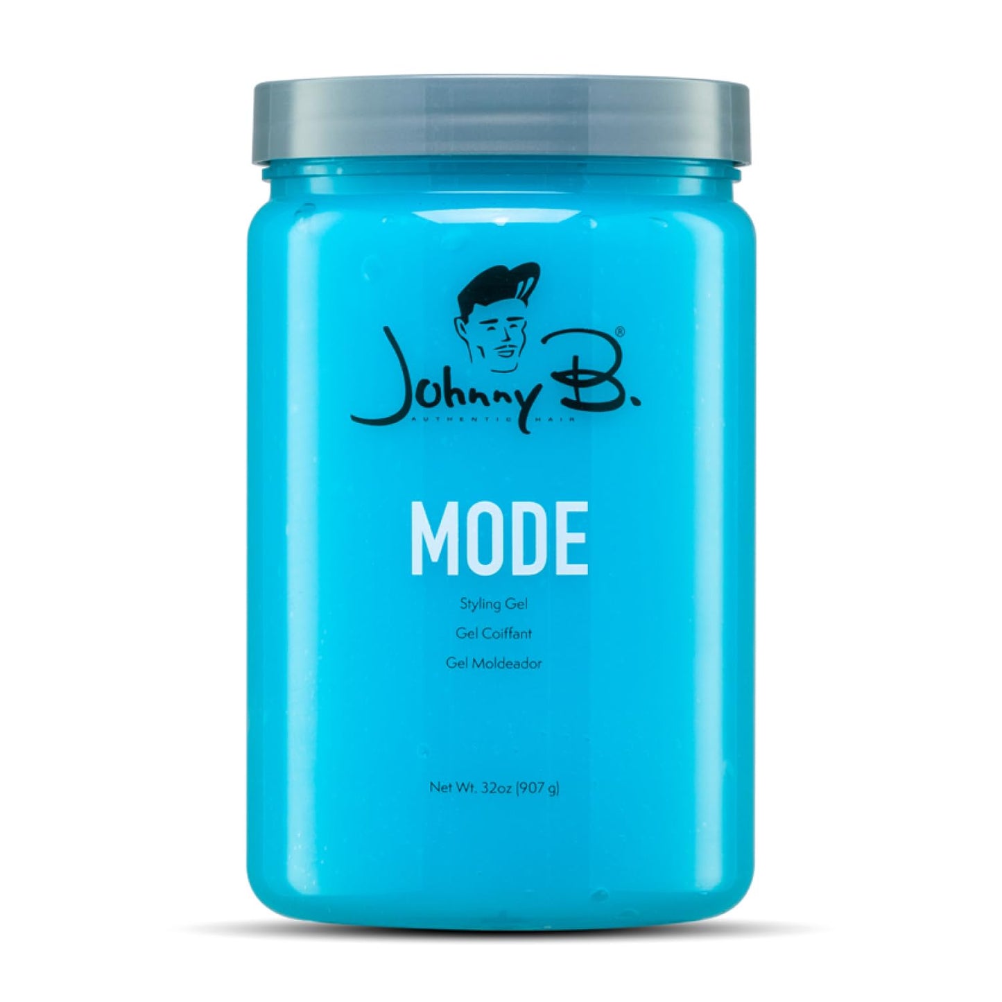 Blue jar of Johnny B. Mode Styling Gel on a white background