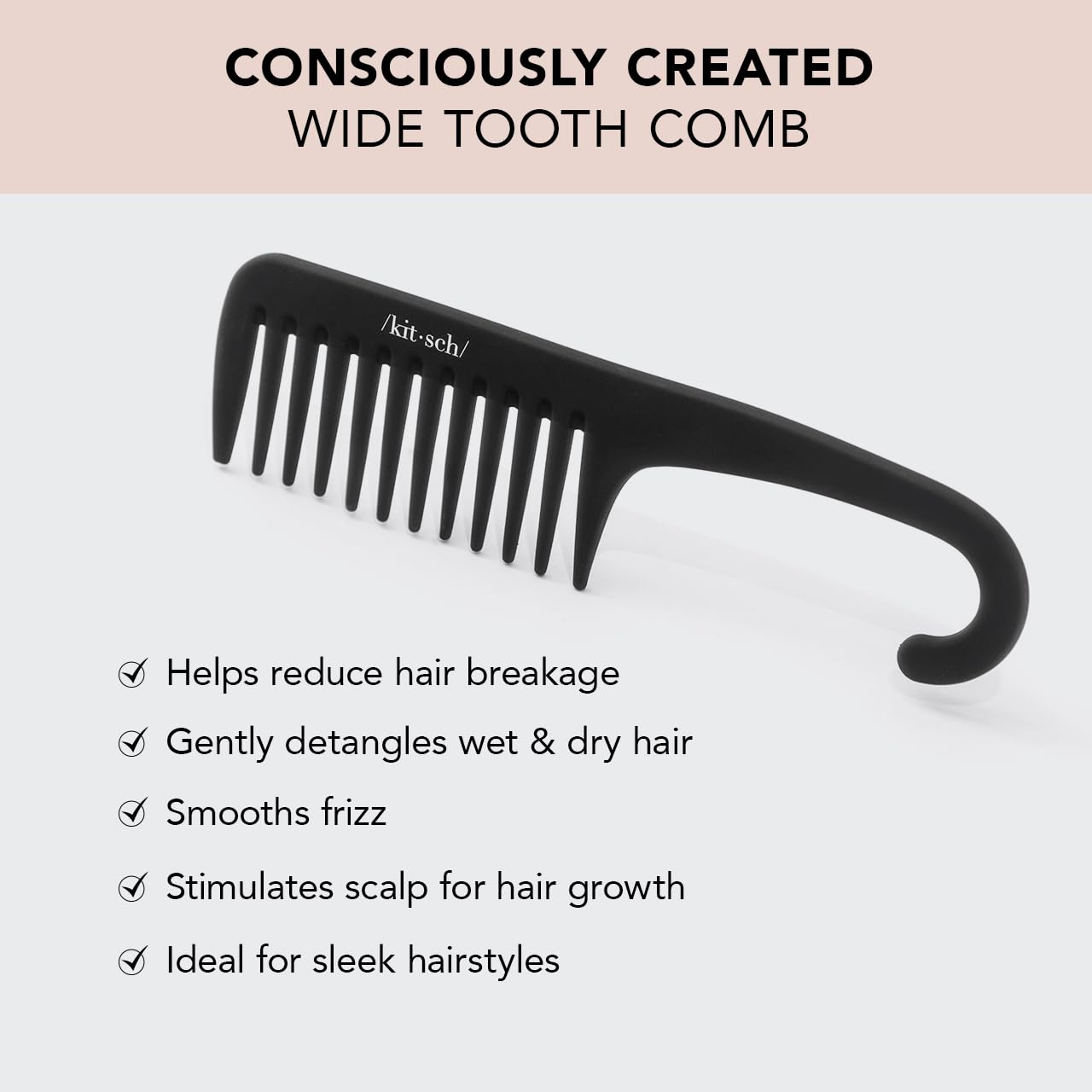 Kitsch Wide Tooth Detangler Comb - Curved Handle for Curly, Wet & Thick Hair, Black Shower Comb for Women