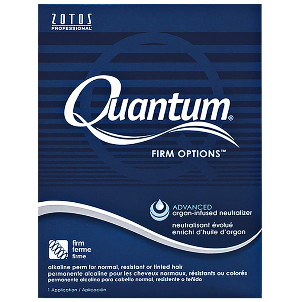 Quantum Firm Options hair product packaging with blue background and white text