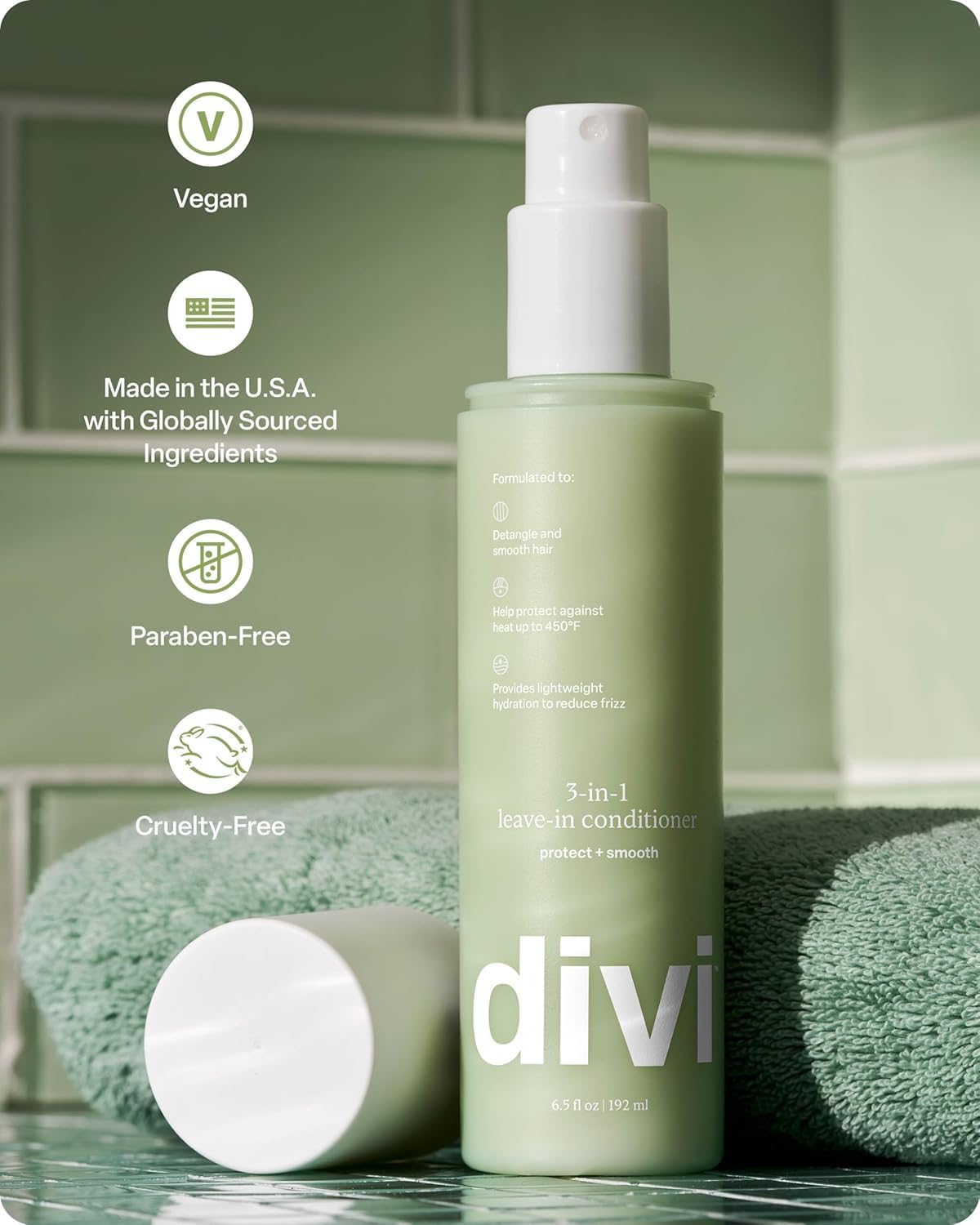 Divi 3-in-1 Leave-In Conditioner Spray – Detangler, Heat Protectant & Frizz Control for Smooth, Shiny Hair – Lightweight, All Hair Types, 6.5 Fl Oz