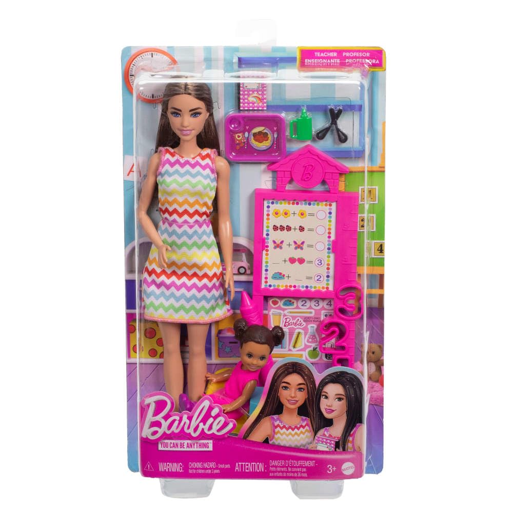 Barbie Teacher with Brunette Fashion Doll with Printed Dress, 1 Toddler Doll, & Teaching Accessories