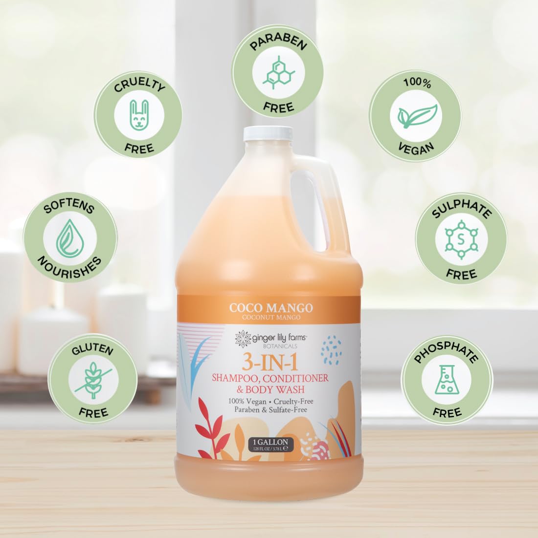 Ginger Lily Farms Botanicals 3-in-1 Shampoo, Conditioner & Body Wash Refill, Coco Mango Scent, Vegan & Cruelty-Free, 1 Gallon (128 fl oz)