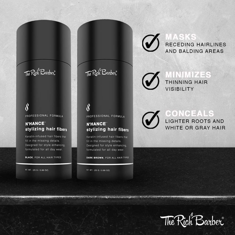 The Rich Barber N’Hance Hair Building Fibers (Black) – 25g 3-Month Supply for Thicker Hair & Beard, Sharper Hairlines & Grey Coverage