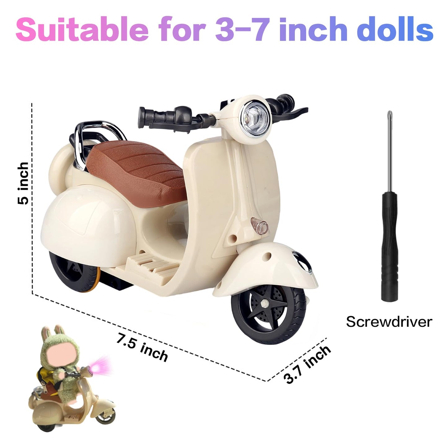 Light-Up Musical Doll Scooter with 360° Rotating Seat – Cute White Motorcycle Accessory for Doll Collectors, Batteries Not Included