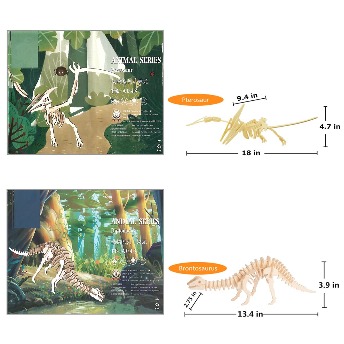 3D Wooden Dinosaur Puzzle - 6 Piece Set Wood Dinosaur Skeleton Model Puzzle - DIY Wooden Crafts 3D Puzzle - STEM Toys Brain Teaser Puzzle Gifts