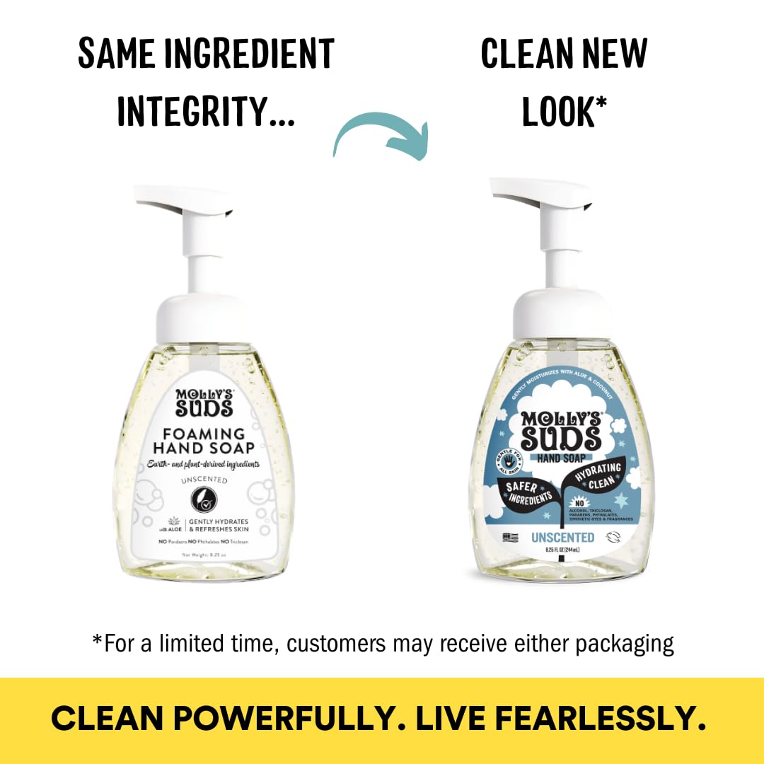 Molly's Suds Foaming Hand Soap, Aloe & Coconut Oil, Moisturizing, Essential Oils, Unscented, Clean Ingredients, 8.25oz Pack of 3