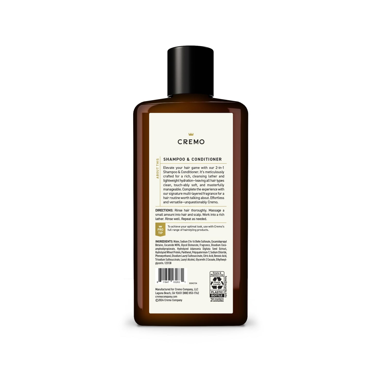 Cremo Bourbon & Oak 2-in-1 Shampoo & Conditioner, Barber Grade Quality That Moisturizes and Cleanses All Hair Types, 16 Fluid Ounce