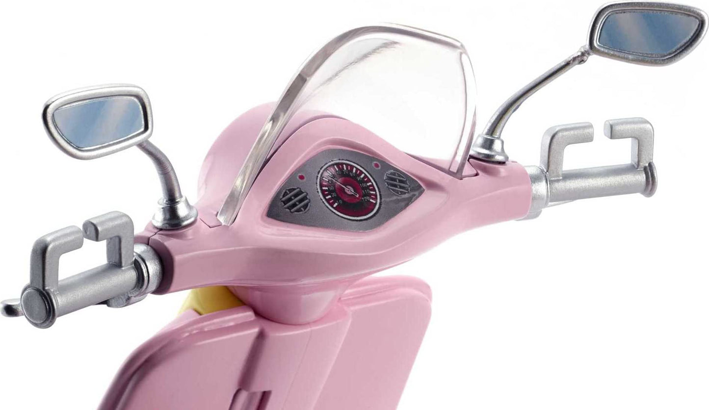 Barbie Toy Scooter with Puppy & Helmet Accessory, Pink & Yellow Moped with Basket, Kickstand & Seat Clip for Doll