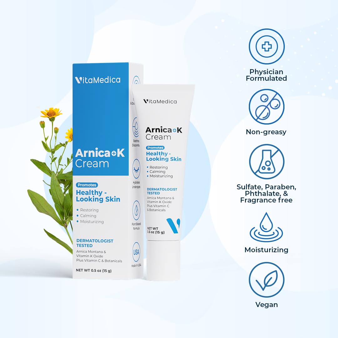 VitaMedica Arnica Cream - Arnica Montana + Vitamin K Oxide Bruise Cream - Sensitive Skin Formula - Undereye - 0.5 ounces