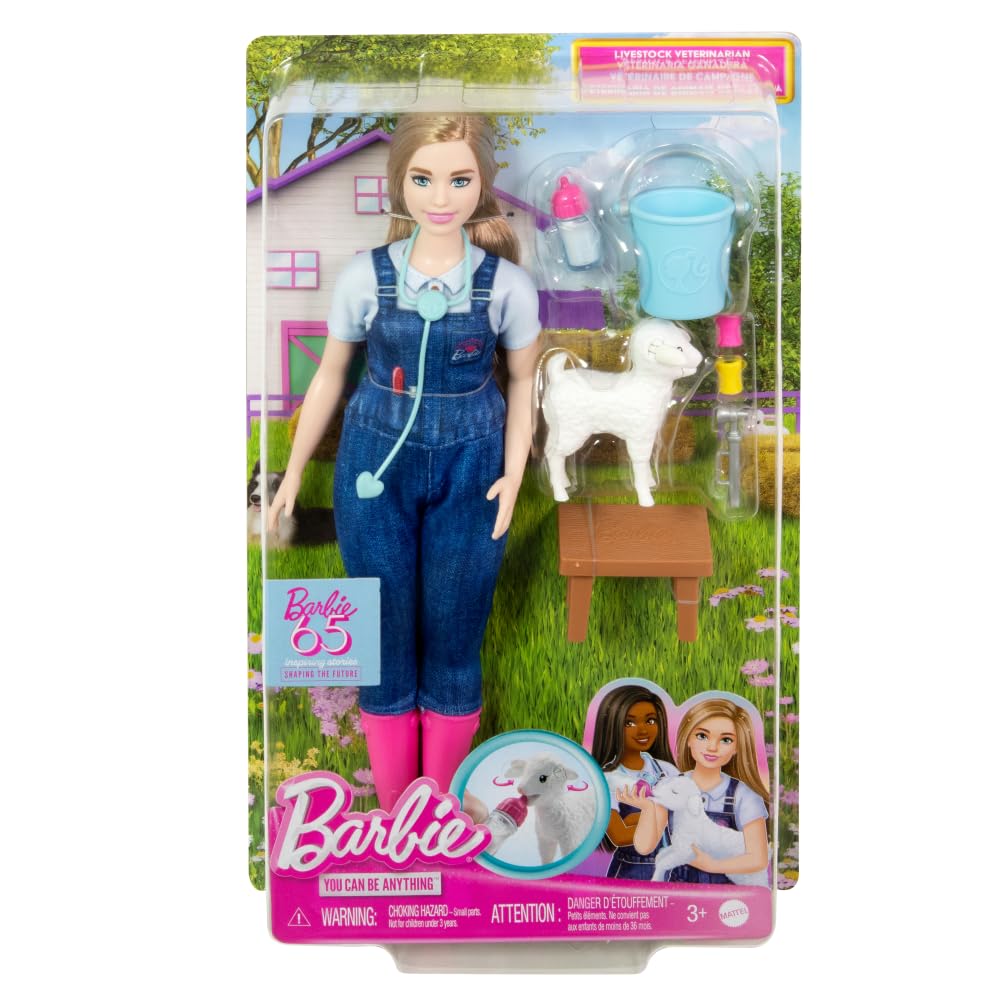 Barbie 65th Anniversary Doll & 10 Accessories, Farm Veterinarian Set with Blonde Vet Doll, Lamb with Moving Ears & More