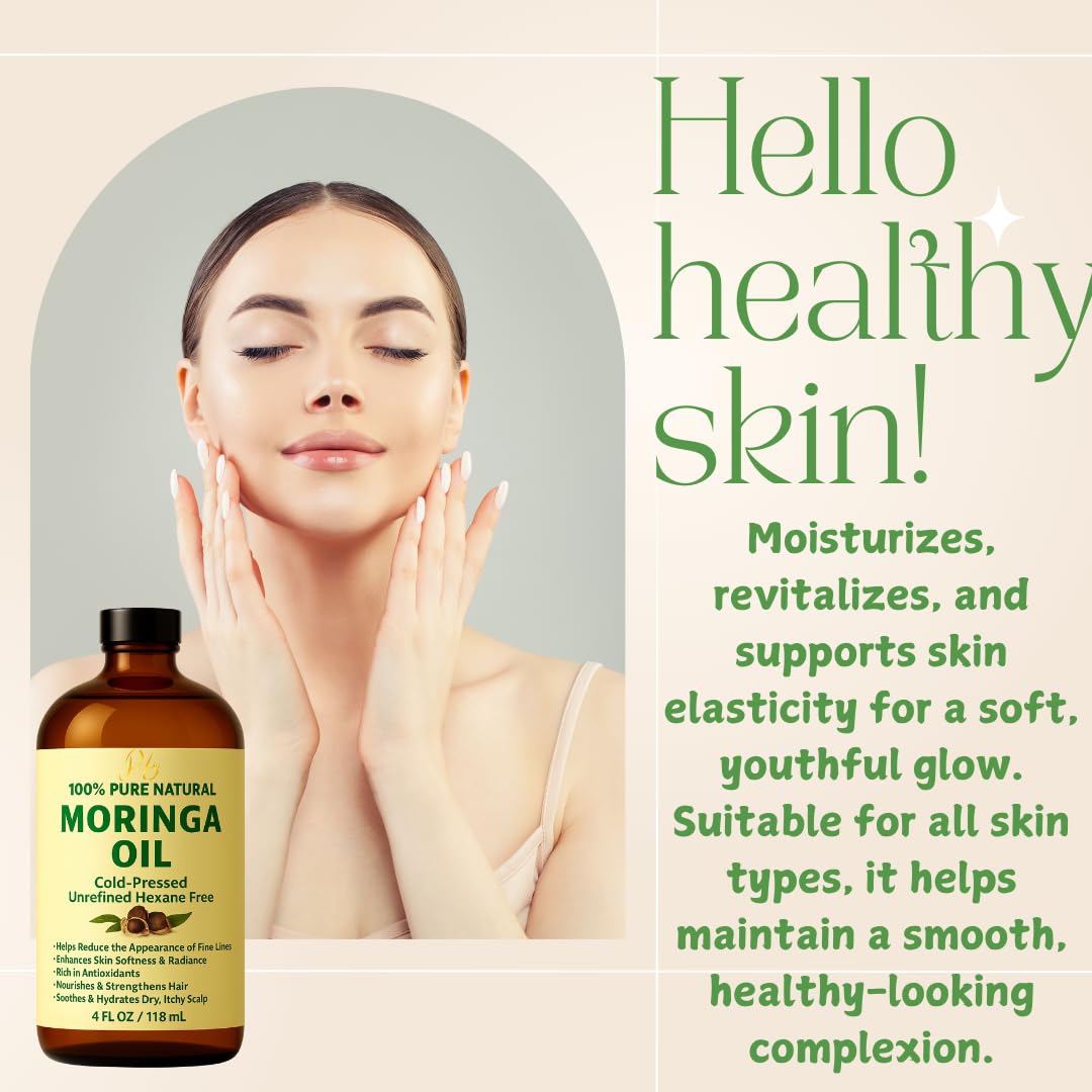 Moringa Oil 100% Pure, Cold-Pressed & Unrefined – Face, Skin, Hair & Body Moisturizer, Hydrating & Anti-Aging – 4 fl oz Amber Bottle