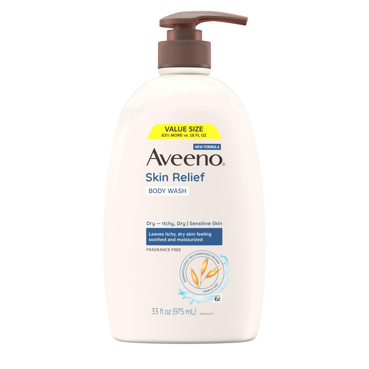 Aveeno Skin Relief Fragrance-Free Body Wash, Triple Oat Formula, Gentle Daily Cleanser for Dry, Sensitive, Itchy Skin, 33 fl oz