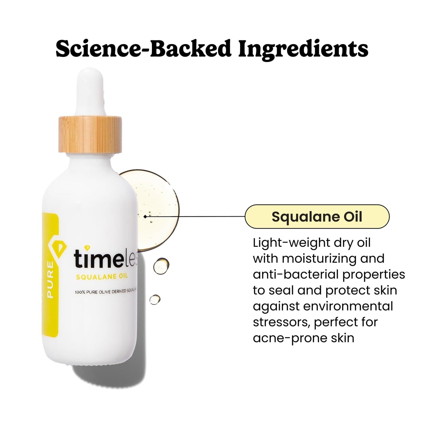 Timeless Skin Care Squalane Oil 100% Pure - Plant-Based Face Oil - Fragrance-Free - For Dry Skin - Moisturizing - 2 oz