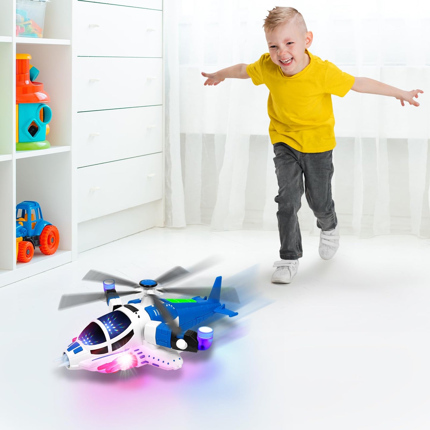 Toddler Helicopter Toy with Lights & Sounds, 360° Spin, Automatic Bump Action, Sensory Airplane for Boys & Girls Ages 1-5 (Blue)