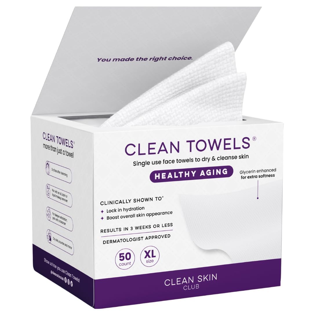Clean Skin Club Healthy Aging Clean Towels® XL – Soft, Disposable Face Towels for Wrinkles, Fine Lines & Makeup Removal, 50 Count