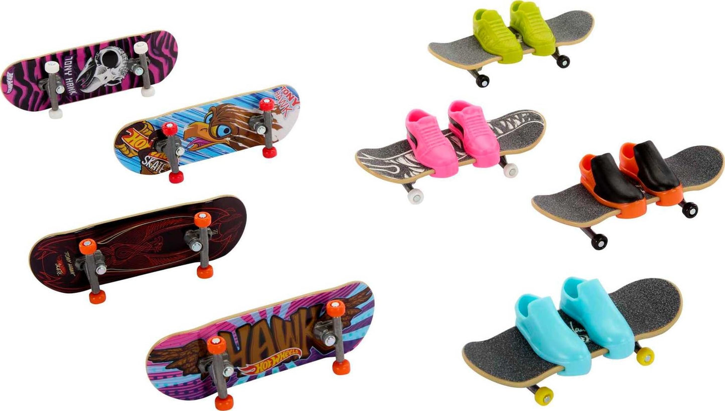 Hot Wheels Skate Rippin' Tricks Pack - 8 Fingerboards and 4 Pairs of Skateboard Shoes with Tony Hawk Inspired Designs, for Ages 5 and up, HMY19