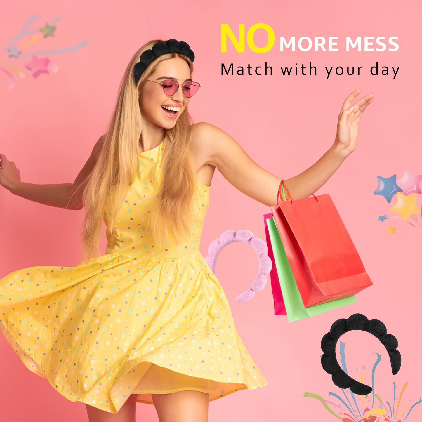 Ztomine Spa Headbands Set of 2 for Face Washing & Skincare – Soft Terry Cloth Puffy Headbands for Makeup, Facial & Mask (Black & Pink)