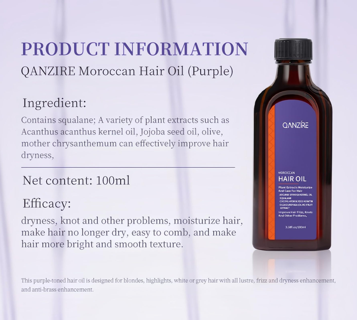 Purple Moroccan Hair Oil – Volumizing & Repairing Oil for Dry, Damaged, Tangled Hair | Plant-Based Formula for Moisture, Shine & Strength, 100ml