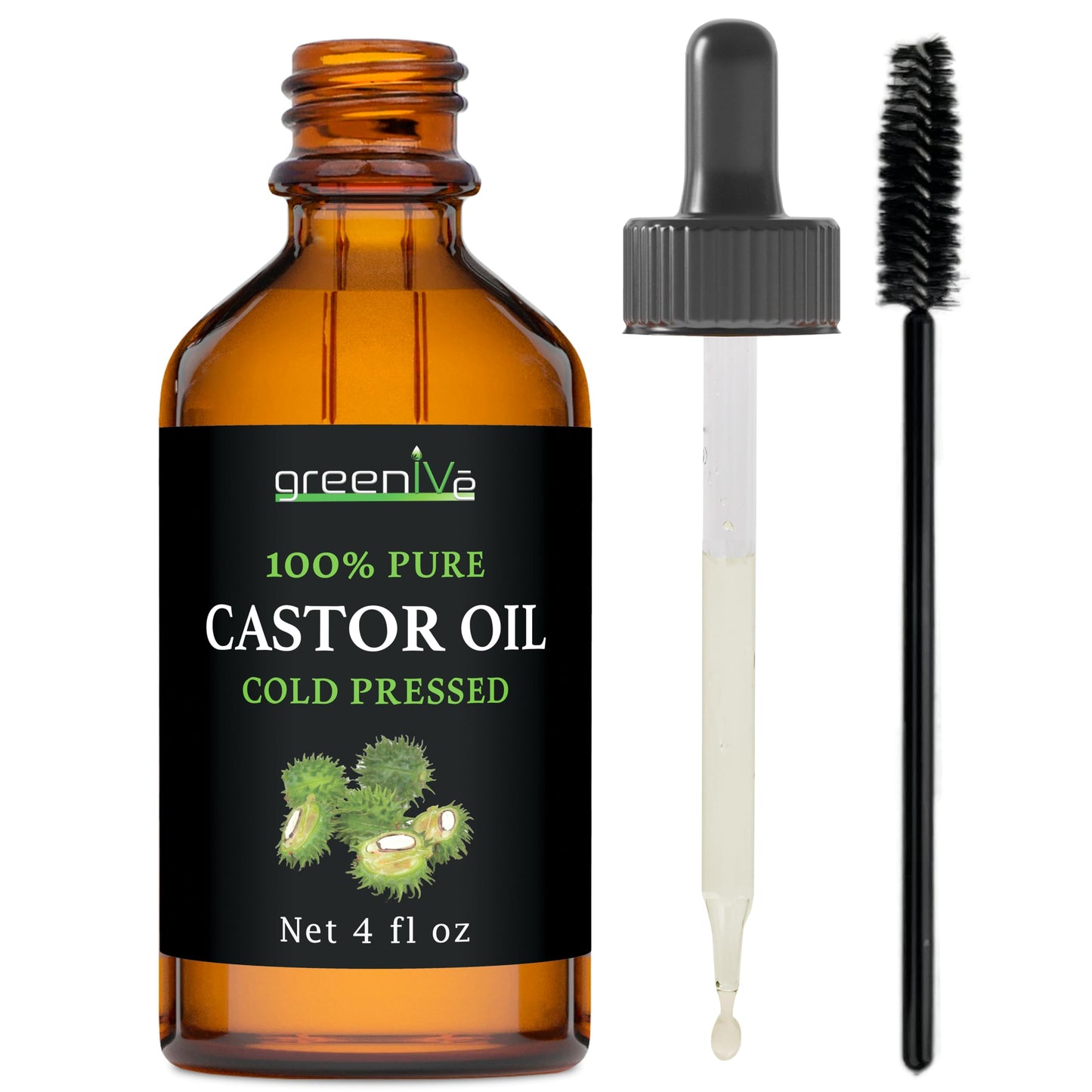 GreenIVe Castor Oil 100% Pure 4 fl oz Bottle Cold Pressed, Hexane Free, Eyelash and Eyebrow Growth Serum, Skin Moisturizer Detox and Wraps