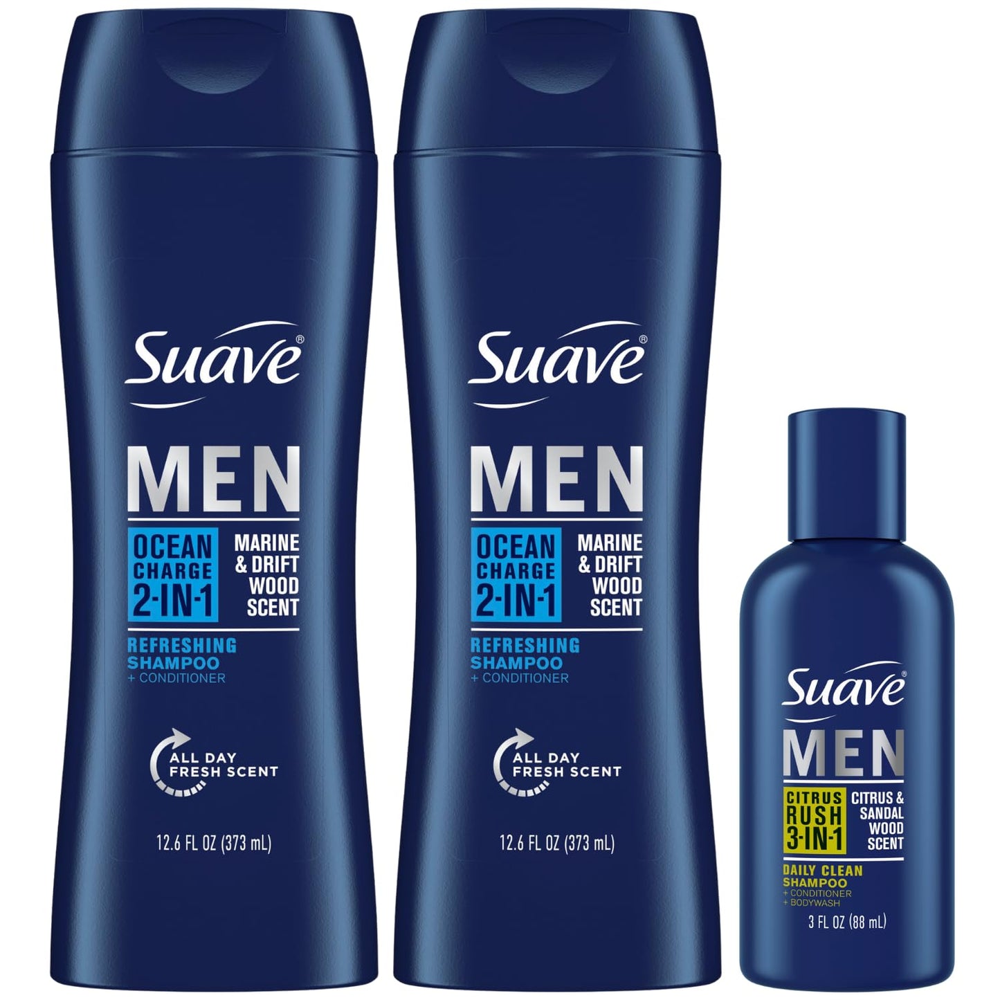 Suave Men 3-in-1 Body Wash, Shampoo & Conditioner Citrus Rush Travel Size + 2-in-1 Ocean Charge Full Size Twin Pack (3 Pc Set)