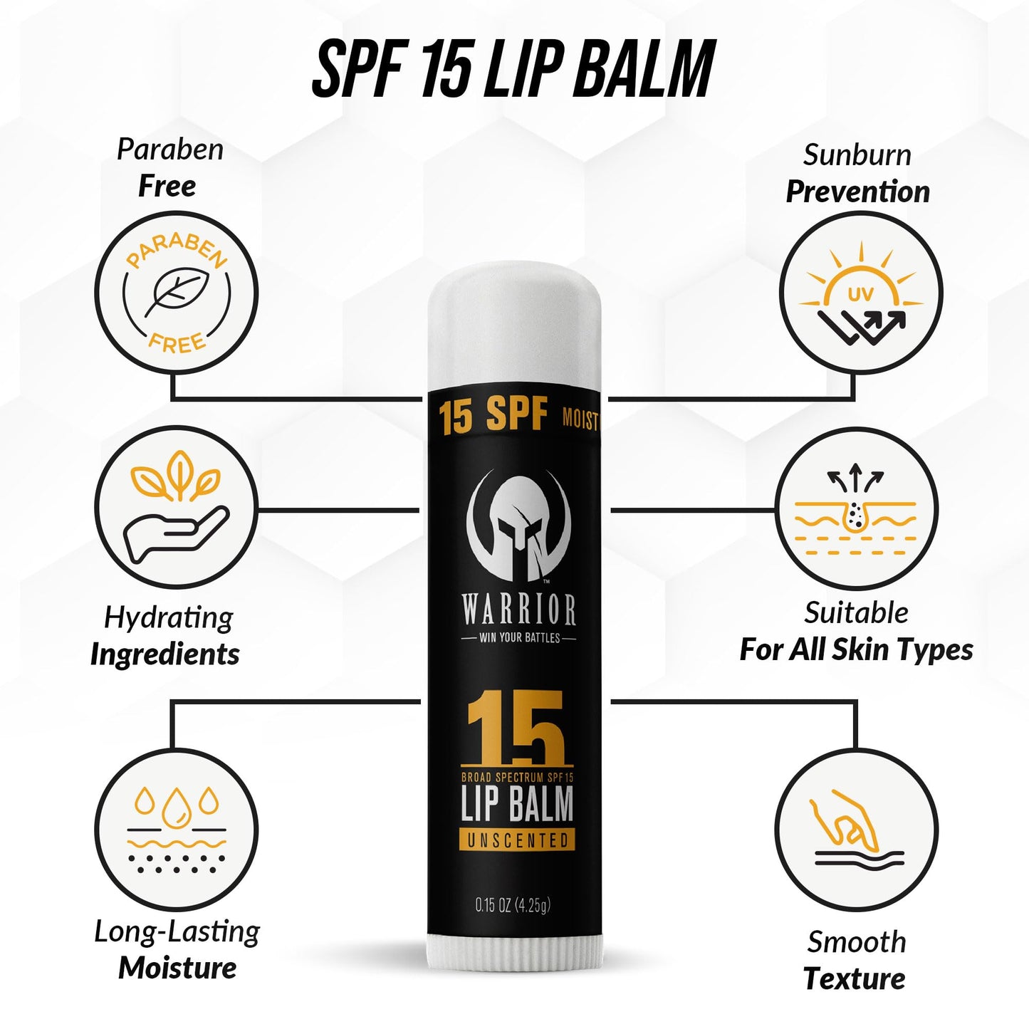Warrior SPF 15 Unscented Lip Balm β Purified Beeswax Chapstick, UV & Weather Protection, Military-Grade Lip Sunscreen 0.15 oz