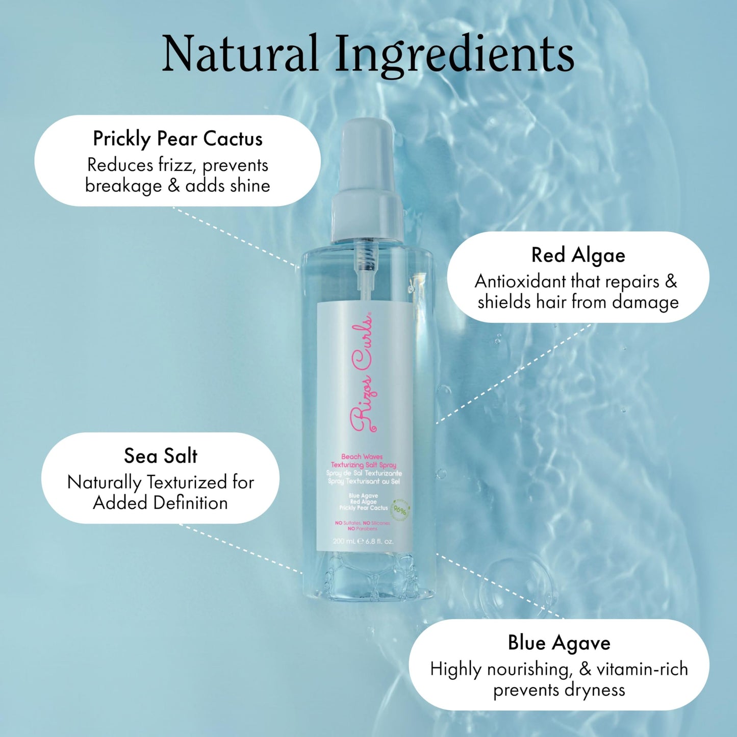 Rizos Curls Beach Waves Texturizing Salt Spray 6.8 oz | Adds Texture & Volume | Defines & Nourishes with Blue Agave, Red Algae & Cactus