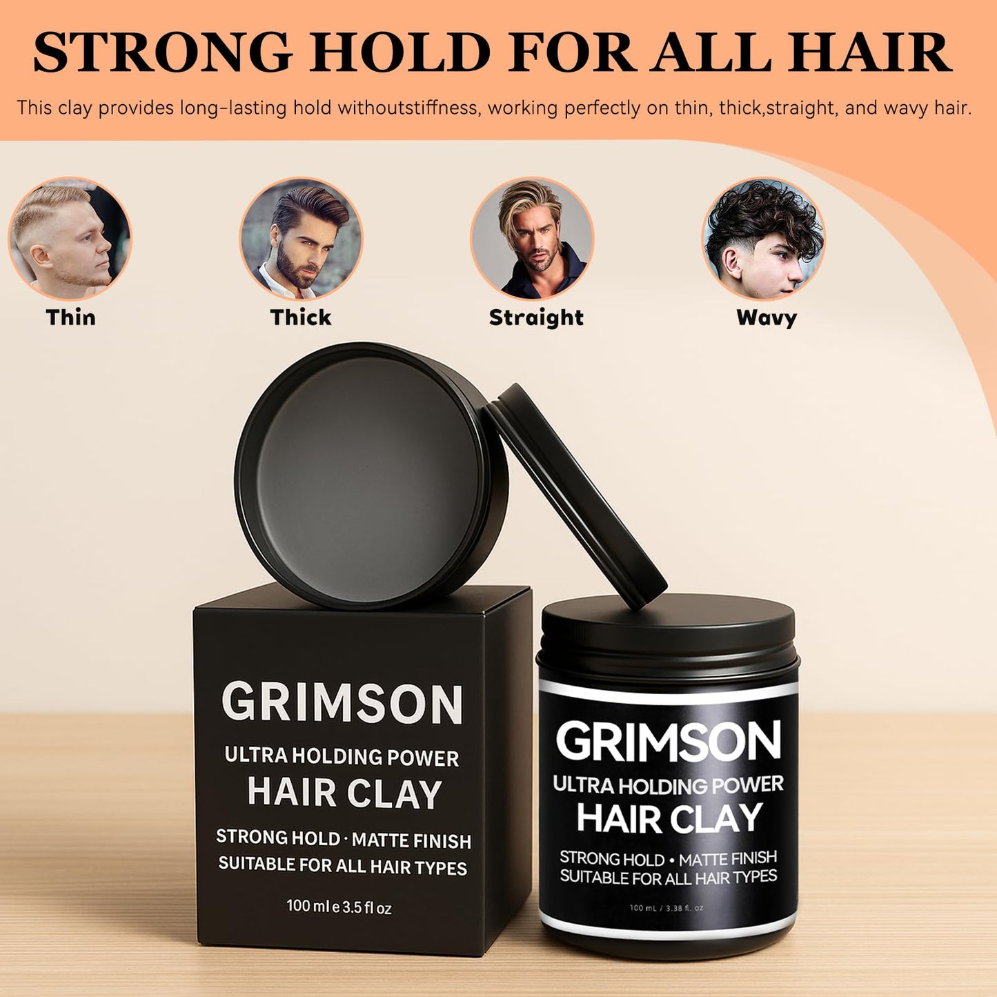 GRIMSON Hair Clay for Men – Strong Hold, Matte Finish, Adds Texture & Thickness, Easy to Apply & Wash Out – All Hair Types, 100g / 3.5oz
