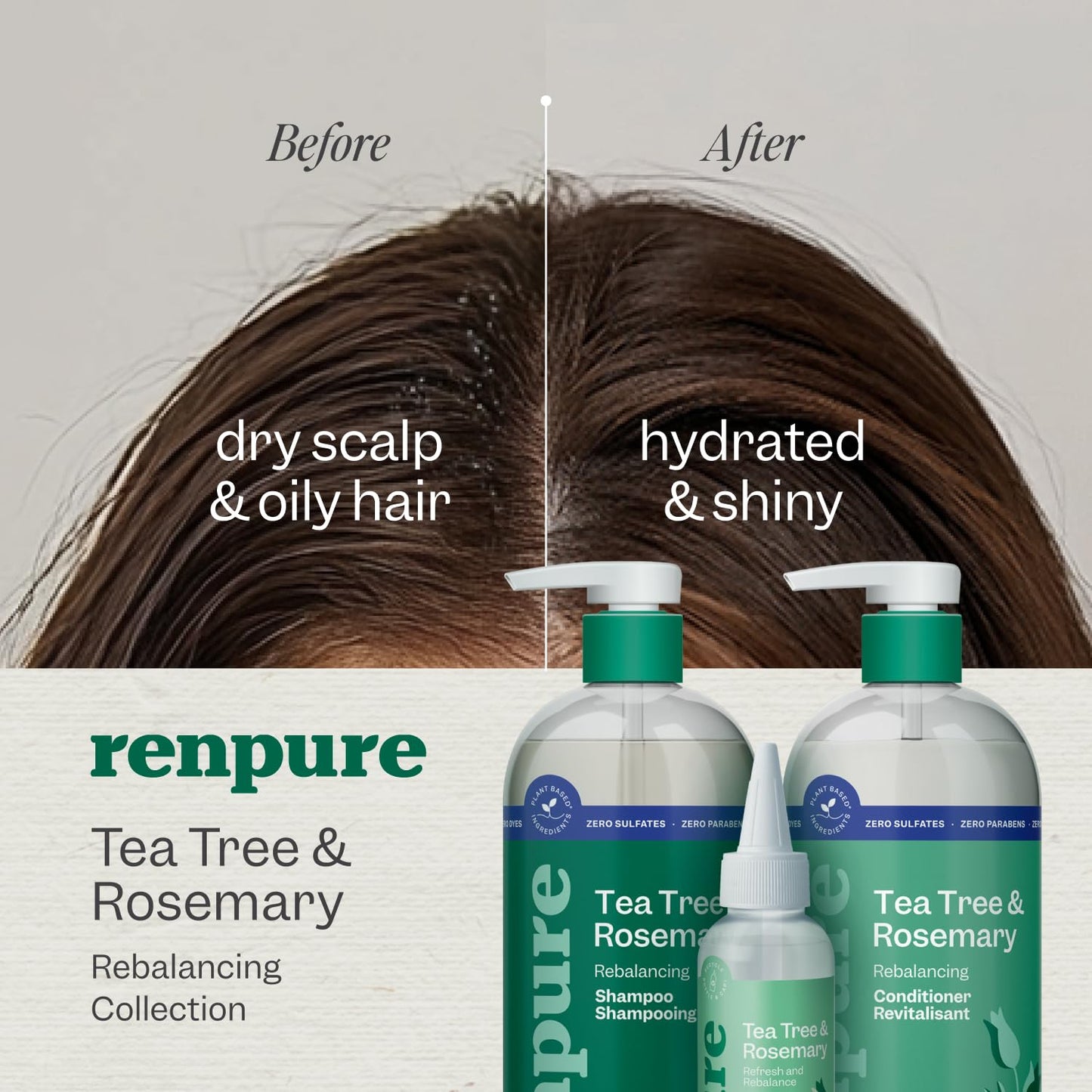 Renpure Tea Tree & Rosemary Shampoo & Conditioner Set | Plant-Based Refreshing Duo for Oily & Normal Hair | Scalp Balance | 24 Fl Oz Each, 2 Pack