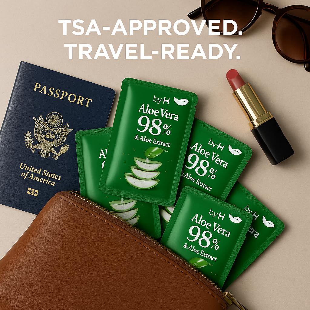 by.H Travel Aloe Vera Gel 30 Packets – 98% Pure Organic Soothing Gel for Face & Body – TSA-Friendly, Non-Greasy, Sunburn Relief, Made in Korea