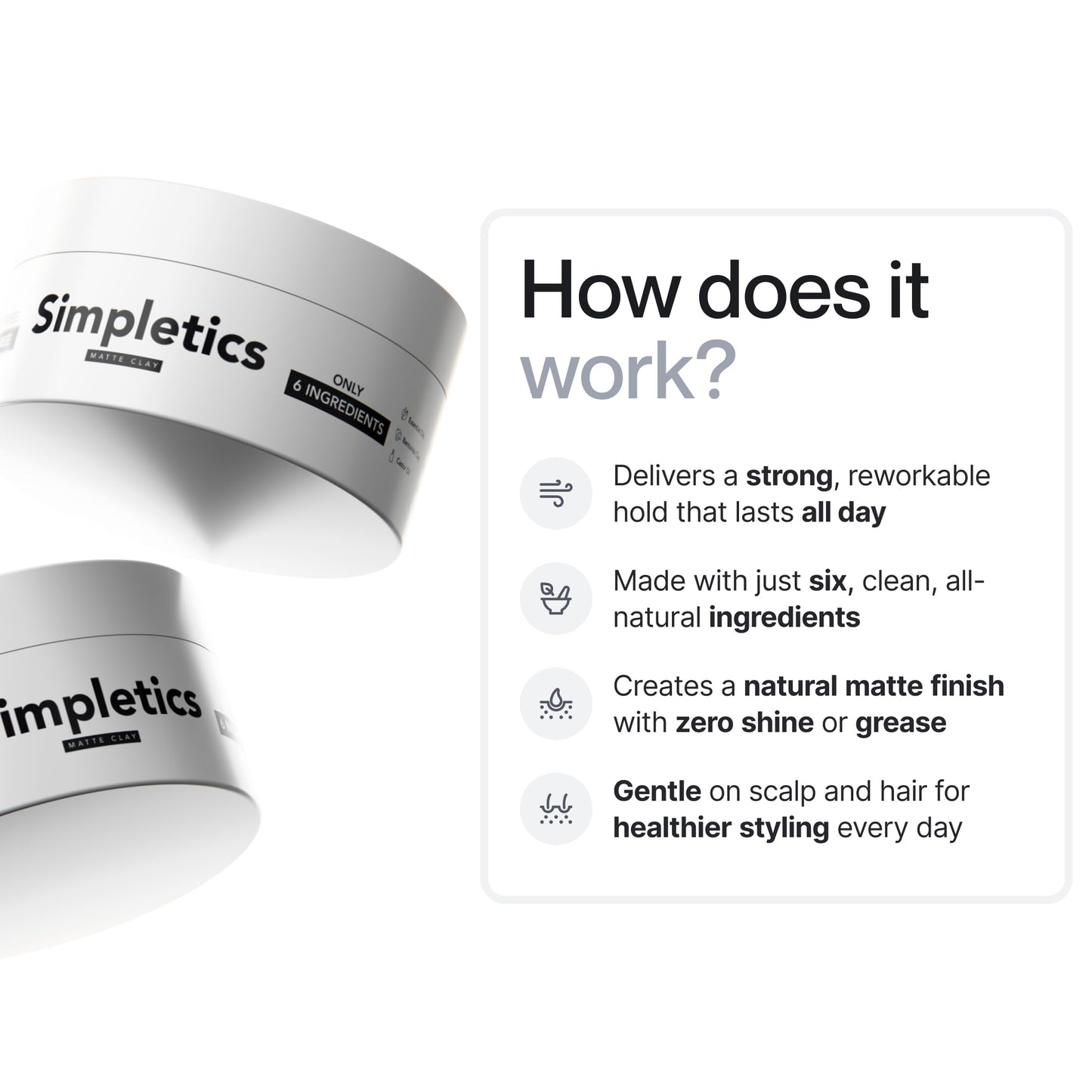 Simpletics Hair Clay for Men | Vanilla Scent | Natural 6-Ingredient Matte Styling Clay with Beeswax & Coconut Oil | Strong Hold, Non-Greasy, Adds Texture & Volume | 2oz