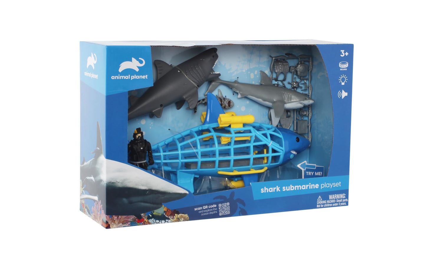 Animal Planet Shark Submarine Adventure Playset – Lights & Sounds Submarine with Chomping Great White Shark & Diver for Kids Ages 3+