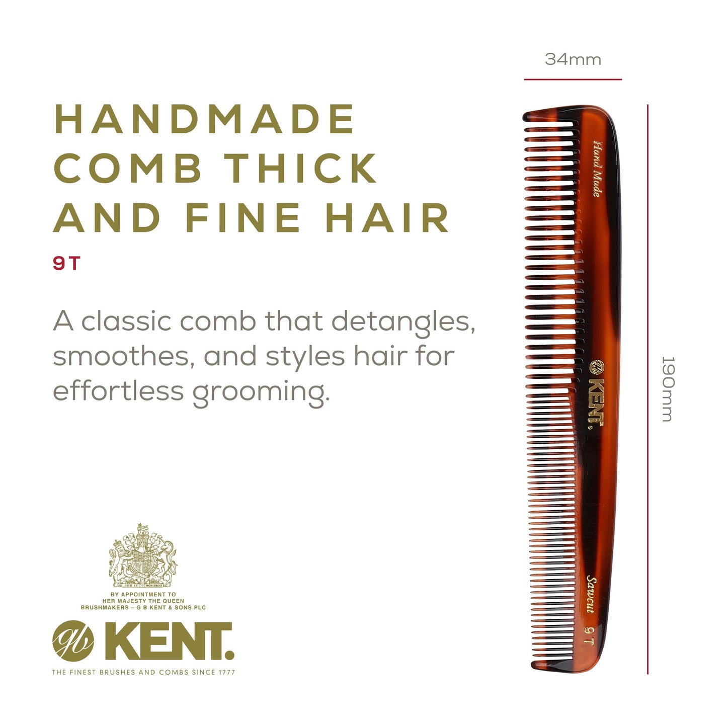 Kent 9T Tortoiseshell Fine & Wide Tooth Comb – Large Handmade Saw-Cut Hair Comb for Wet or Dry Hair, Detangling & Styling, Made in England