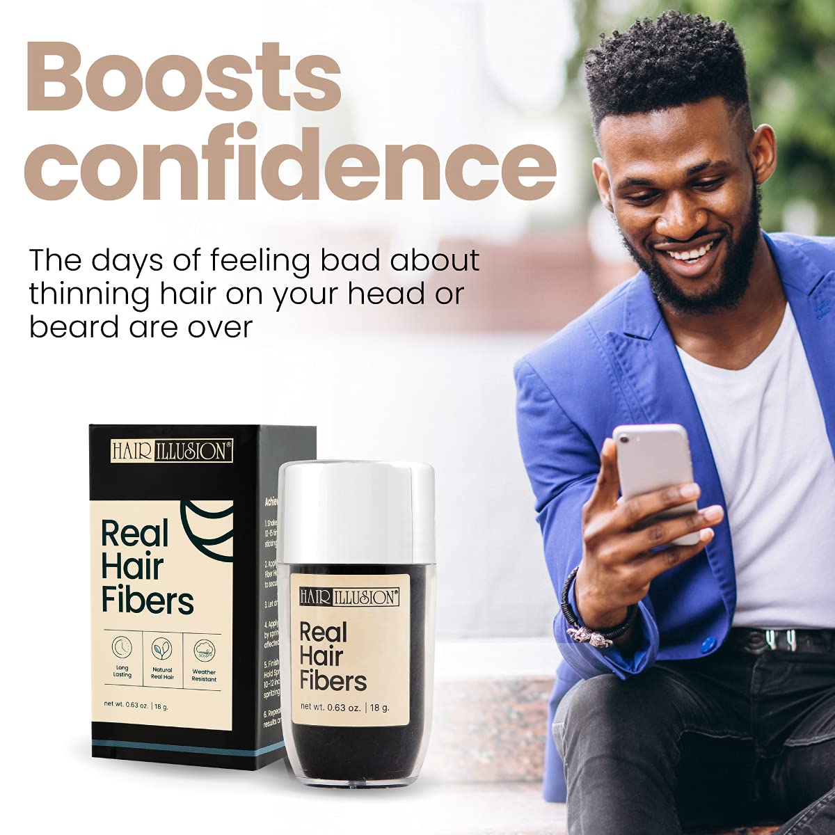 Hair Illusion Real Hair Fibers for Thinning Hair, 100% Natural Texture, Non-Synthetic Bald Spot Concealer for Men & Women, 18g