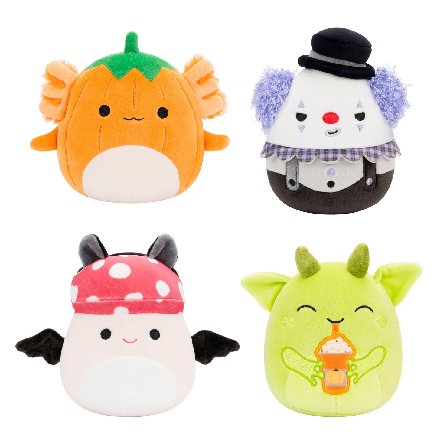 Squishmallows 5-Inch Halloween 4-Pack – Pumpkin Axolotl, Goblin, Bat Mushroom & Purple Clown – Official Jazwares Plush