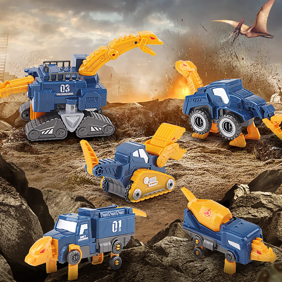 Toddler Construction Car Transform Set - 5PCS Dinosaur Rescue Robots with Magnetic Connectors, DIY STEM Trucks Toy for Kids 3-7